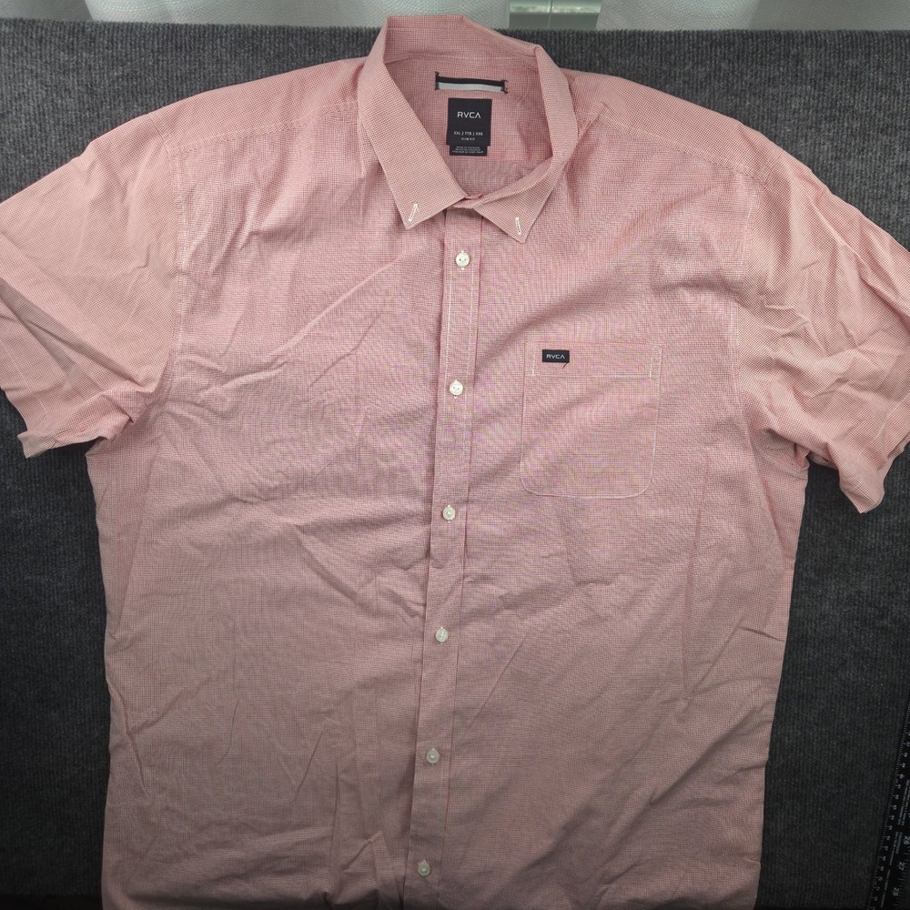 RVCA Button Down Shirt Men XXL Red Micro Gingham Slim Fit Short Sleeve Excellent
